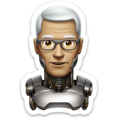 Older Male cyborg head with metallic plated face, brown flat top haircut, glasses and circuitry sticker