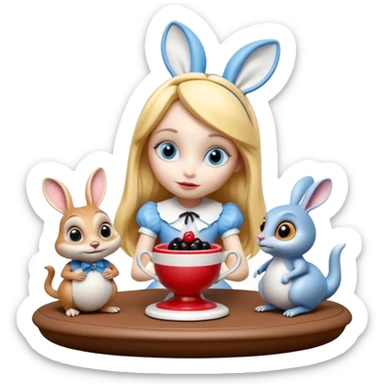 Still life, 3D rendering, hyperrealism, detailed illustration of the most incredibly cute, modern style of disney's Alice in wonderland with anthropomorphic creatures
figurine imaginable, toy style. sticker