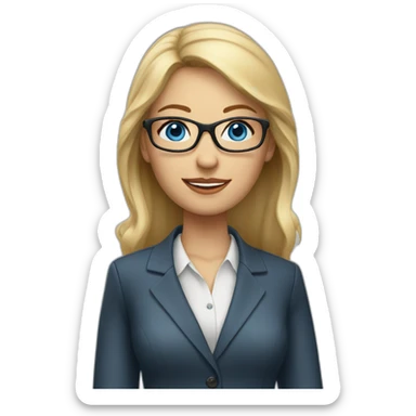 A blond hair woman, blue eyes with glasses and busines attire sticker