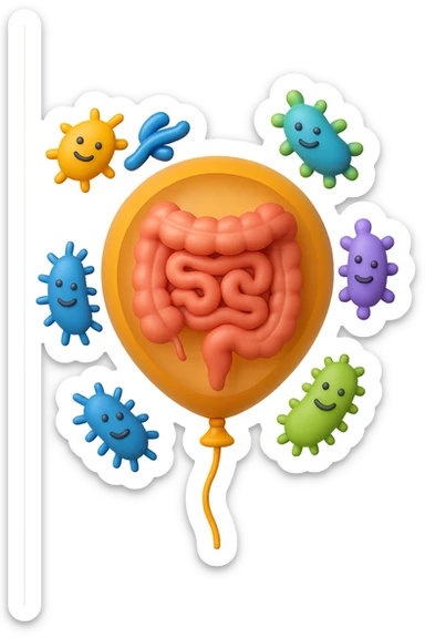 emoji stile iphone di un palloncino in 3d con intestino dentro e batteri intestinali intorno sticker