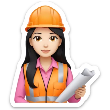 Female civil engineer with long black hair and white helmet wearing pink shirt and an orange safety vest looking at construction plan  sticker