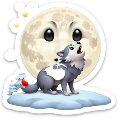 Wolf howling at moon, cartoon emoji, night theme, no background sticker