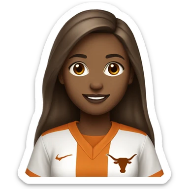 Brown hair, pale skin, woman. Wearing University of Texas Longhorn clothes sticker
