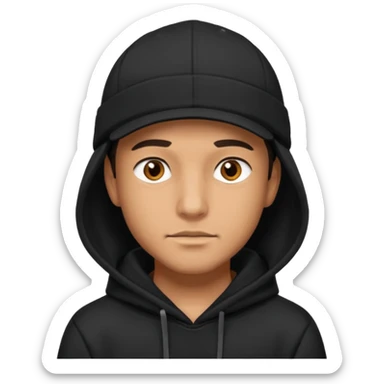 Guy wearing a black hoodie and a black cap his eyes hunter eyes brown and his skin white but tanned  sticker