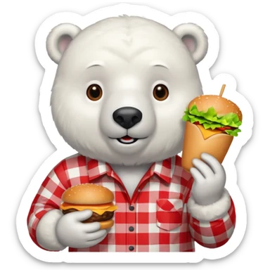 polar bear with burger wearing red checkered shirt sticker