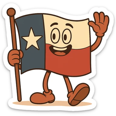 a waving Texas flag in stylized cartoon look, bold colors, single white star, no text, transparent background sticker