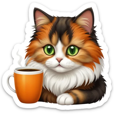 tricolor fluffy cat with big green eyes drinking a cup of coffee sticker