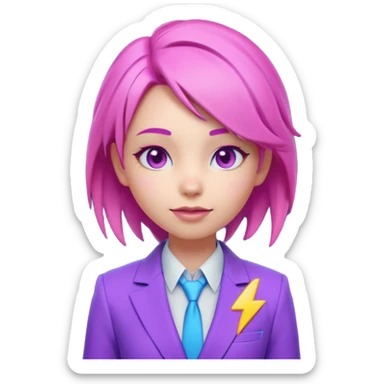 Cute 3D emoji-style girl sexy character with pink hair and purple eyes. No hands, no pose. Clean purple suit with a glowing neon-blue ‘C’ logo on the chest, small lightning accent. Smooth Apple-style lighting, friendly expression sticker