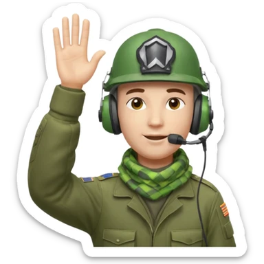 Soldier emoji head in green military helmet, large ear protectors, headset microphone, light green checkered scarf around neck, gray face, confident greeting pose with right hand raised in salute, vibrant colors, high detail on helmet textures and fabric, bust view, ultra-detailed PNG alpha channel sticker