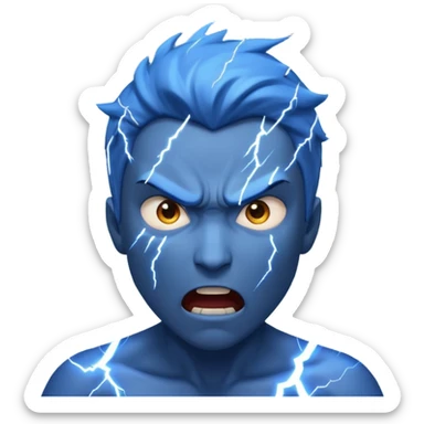 Rayos, centellas y estrellas en una cara color azul con expresiones de furia sticker
