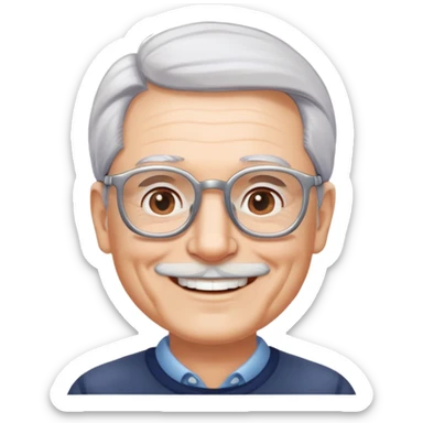 người đàn ông 60 tuổi, da trắng, tóc bạc, mặt cười tươi vui vẻ, đeo kính, nửa thân trên sticker