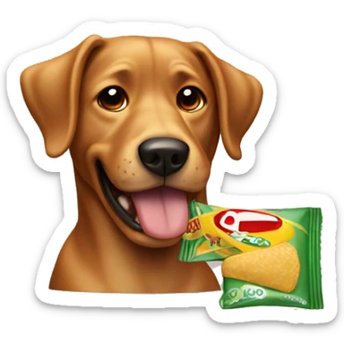 dog chewing empty crisp packet sticker