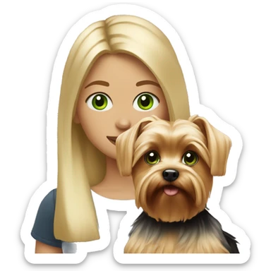 Girl with blond hair and green eyes with yorkie dog sticker