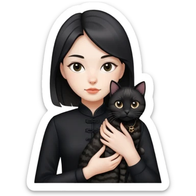 Young woman in black clothes with a black-patterned Chinese domestic cat sticker