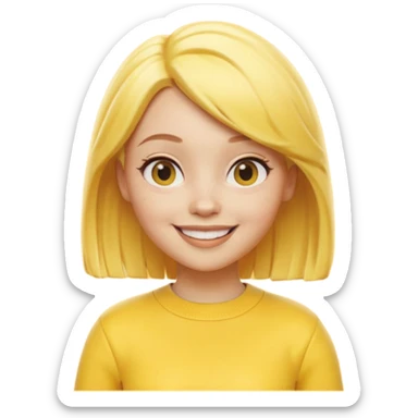 A 3D cartoon female character fully in yellow tones — skin, hair, and outfit all yellow — smiling gently, medium-length hair, cinematic Memoji-style rendering, cohesive with other yellow character sticker