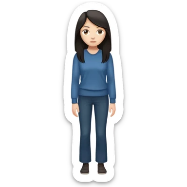 "Cartoon emoji of a woman with long, loose dark hair, wearing plain, simple clothes. Full-height, standing, nervous, unsure, worried expression. Slightly hunched, anxious posture. Smooth, simple, stylized."Eyes looking down or away, avoiding direct contact sticker