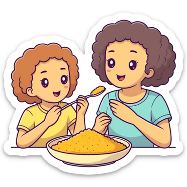 Une fille avec des cheuveux boucles mange du couscous avec son copin blanc sticker