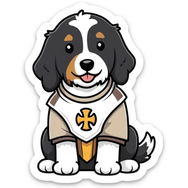 A black Bernedoodle with a white chest with Friar gear on sticker