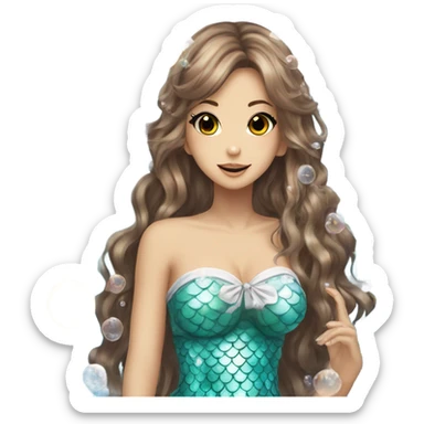 mermaid hime gyaru girl, brown hair, bubbles sticker