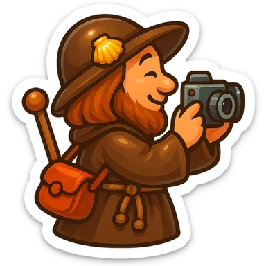 Create a small, funny medieval pilgrim taking a photo, seen from the side (profile view), in retro stickers style with a transparent background. Keep the character humorous and medieval-themed, matching the style of the reference image. sticker