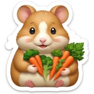 Cute chubby cartoon-style hamster holding a small bento box filled with vegetables, smiling proudly. Soft painterly shading, white background, sticker-style illustration sticker