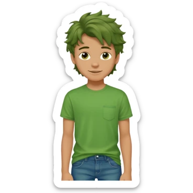 A 14 yerar old teenage boy, tanned, wearing a green t-shirt , blue jeans and green sneakers with brown wavy tousled hair, smirking sticker