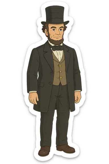 The full body of a US government politician or president from the 1850s wearing a top hat sticker