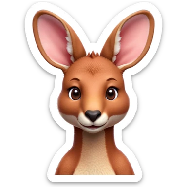 Cinematic Cute Adult Red Kangaroo Portrait Emoji, Head tilted playfully and inquisitively, showcasing a charming, robust build with soft reddish fur and a uniquely red kangaroo-like head featuring a gentle, elongated snout and rounded ears, with large, sparkling eyes full of wonder, Simplified yet irresistibly adorable features, highly detailed, glowing with a warm, friendly glow, high shine, affectionate and lively, stylized with a touch of outback whimsy, soft glowing outline, capturing the essence of a mischievous yet loving kangaroo that seems as if it could hop out of the screen into your arms! sticker