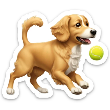 tan dog with a curly tail and white chest chasing a tennis ball sticker