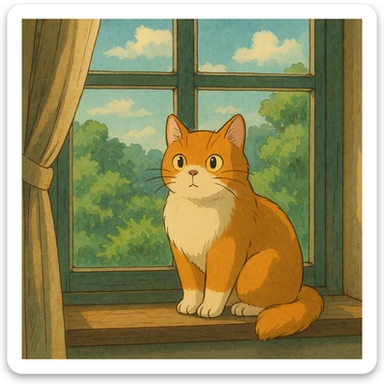 ghibli style cat sitting on a windowsill sticker