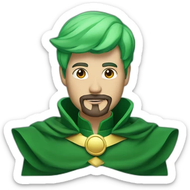 man with green hair green suit and large green top with gold strip hat goatee green cape sticker
