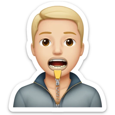 person zipping their mouth closed with a zipper sticker