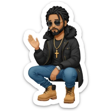 African American man with shoulder length black dreadlocks with black beard wearing black sunglasses wearing a black bubble winter coat wearing denim skinny jeans wearing wheattimberland boots kneeling in prayer sticker