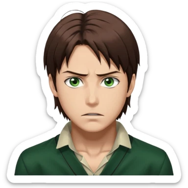 “Make him look like Eren Yeager S3 — long brown hair tied back, strong jawline, sharp green eyes, that cold, intense Eren vibe.” sticker