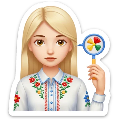 A Ukrainian girl in an embroidered shirt holds a diagram sticker