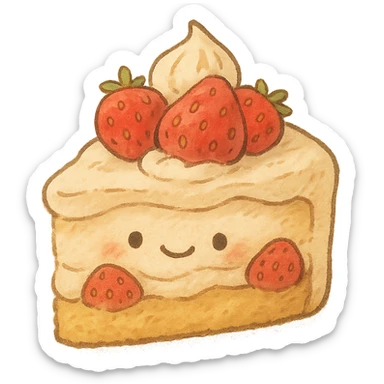 ghibli style cute strawberry cake with whipped cream, smiling face, kawaii, soft light, hand-drawn look sticker