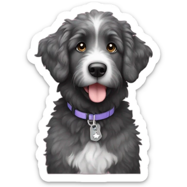 black and gray aussie doodle with a star-shaped tag sticker