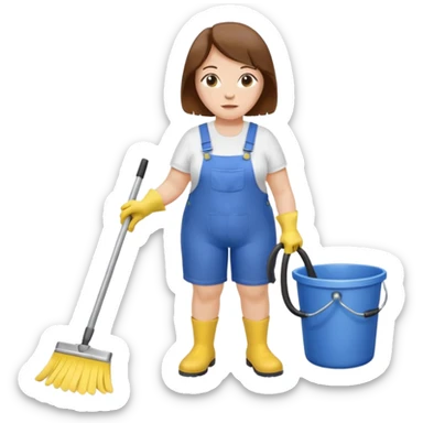 old and fat women, brown hair, Custodian with yellow rubber gloves, white T-shirt, blue overalls, mopping floor sticker