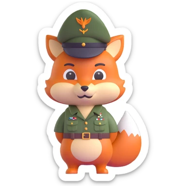 3D emoji style fox in army attire, stern face, beret, standing upright sticker