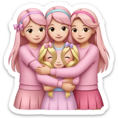 "Four girls hugging each other, all wearing soft pink clothes, two with long hair and two with shoulder-length short hair, smiling, cute iPhone emoji style, with hair accessories like headbands or ribbons, pastel color palette, soft shading, white background" sticker