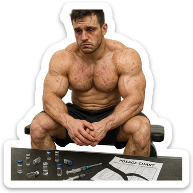 realistic muscular young man with evident side effects, sitting in gym with lost look, empty vials and syringes around, torn dosage chart, atmosphere of defeat, isolated on white background, 4K quality sticker