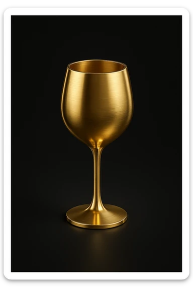 Create a simple and luxurious icon style of a wine glass silhouette in gold color on a black background, inspired by the first reference wine glass. sticker