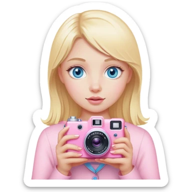 Blonde girl with blue eyes and a baby pink camera sticker