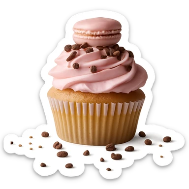 Remove the background, keep only the realistic cupcake with pink icing and accessories, preserve photorealistic style, transparent background. sticker
