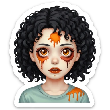 Faça uma garota zumbi de cabelo cacheado preto e uma mecha descolorida meio alaranjada do lado esquerdo sticker