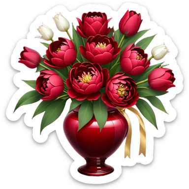 "An exquisite floral arrangement in a deep red glass vase, filled with velvety red peonies, classic roses, and striking tulips, accompanied by silky pearl-colored ribbons that drape gently over the surface." sticker