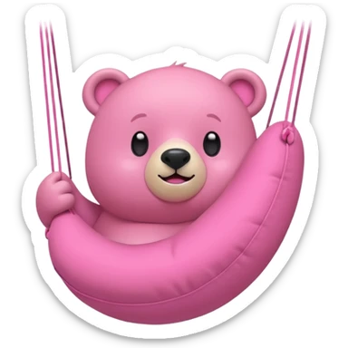pink bear swinging a pillow, flat minimal rounded shapes, simple face, energetic and cute, iPhone emoji style sticker