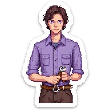 Focused male tinkerer, Caucasian features, short dark brown hair, sharp gray eyes, neutral expression, wearing violet work shirt with rolled-up sleeves, holding a small wrench in one hand, waist-up, front-facing sticker