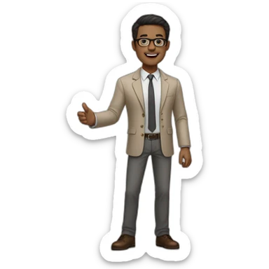 Full height Actively gesturing with hands Pale skinned black fit man with dark brown hair in gray jacket, beige office shirt, brown tie, brown pants and vintage glasses. sticker