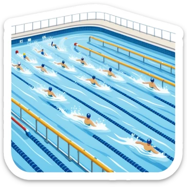 An icon featuring an Olympic swimming pool with multiple lanes and swimmers racing side by side. Splashes and lane dividers highlight the competition atmosphere. Transparent background emphasizes the energy, speed, and intensity of professional swimming events. sticker